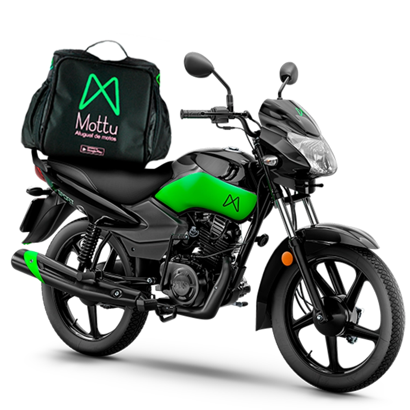 Mottu Sport ESD 2025 preta e verde com bau de entrega Mottu instalado na garupa, pronta para rodar